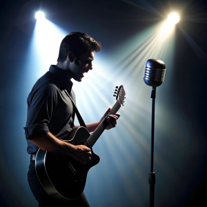 silueta de un hombre tocando guitarra y cantando con un microfono retro. luz de estudio fotografico...el microfono se nota a contra luz