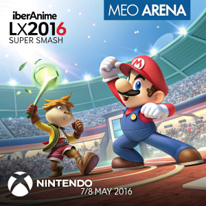 Promotional poster for IberAnime LX2016. Event details include Super Smash Bros. for Wii U at MEO Arena. Dates: 7-8 May 2016. Featuring Amiboo and Nintendo logos.