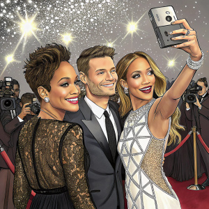 Rihanna, Ryan Seacrest, and Jennifer Lopez taking selfies at a glitzy Hollywood event. Rihanna in a black lace dress, Ryan in a tailored suit, Jennifer in a white geometric patterned dress