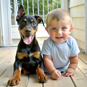 Niño de dos años de cabello negro y ojos azules jugando feliz en el porche de su casa con un cachorro de perrito de dos meses de la raza Dobermann