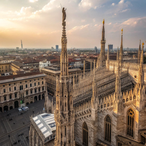 Aerial view of the Duomo di Milano, the grand Gothic cathedral in Milan, Italy. Towering spires and intricate stone carvings dominate the skyline.