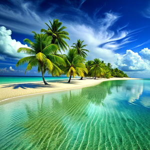 A serene beach scene with palm trees and crystal-clear water.
