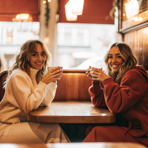 Suki Waterhouse and Maddi Waterhouse, sisters, posing in cozy cafe. Soft lighting, wooden table, steaming mugs