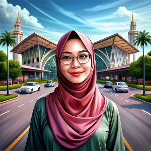 Bayangkan anda gadis melayu bertudung berada dihadapan plaza tol diambil gambar dengan x0.5 sambil mengangkat tangan.