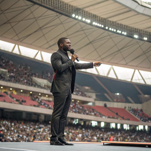 Justin Gatlin in a sleek, black suit, addressing the crowd at an indoor stadium.
