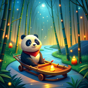 a happy panda sitting on a beautiful sleigh lying on a bamboo forest floor at night, cartoon style