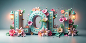 diseño con el Texto: Loli ,con tipografia flores , 3d, colores pasteles, fullhd, hiperrealista, cartel de pelicula con bombillas con fondo blanco