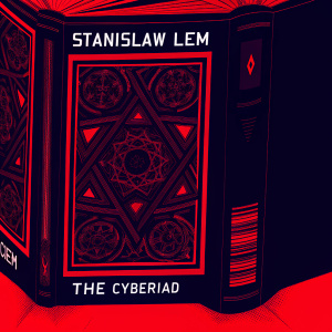 Cover art for Stanislaw Lem's 'The Cyberiad'. An open book showcasing intricate geometric patterns on the front. The back cover features foreign text and a barcode.