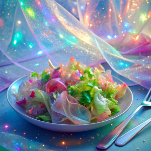 
 close light pastel  very much glitter sparkly ultra intense crystal effect fantasized glam Sprinkle Tableware vegan salad   in the plate Shimmering Bioluminescent fairytale masterpiece  Magical Holographic  Glossy Bioluminescent iridescence  Shimmering Holographic   Foil Glossy Patent Spandex Vinyl  