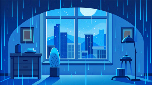 rainy day, cozy room in creamy blue lofi moody