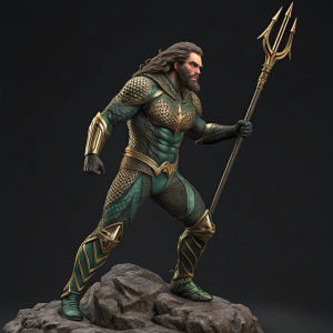 Digital art of Aquaman in action pose, intricate costume design, wielding trident, 3D render, dark color palette