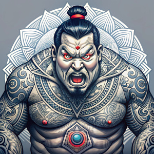 deportista de sumo furioso agresivo con los ojos rojos , ,con tatuajes ,formas geometricas,con tipografia ,y fondo blanco.diseño para usar en una camiseta




