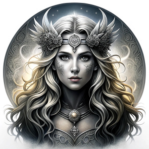 Saga, The Seer - Nordic Goddess of Sagas & Myths perfect realistic art, high-definition grey and black, white background tattoo design