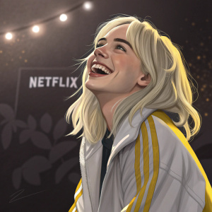 Billie Eilish in casual, joyful pose. Blonde, wavy hair. Wearing a yellow-accented jacket. Netflix logo on dark background.