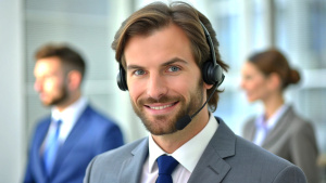 Handsome male call center operator in headset working in modern office. Hotline support service concept