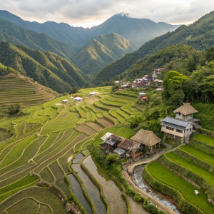 Aerial view of Ifugao village in the Philippines, showcasing traditional rice terraces with intricate stepped patterns and detailed irrigation channels. Earthy colored homes with thatched roofs and small structures line winding pathways amidst lush greenery.