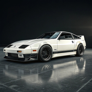 Digital art of a shiny, white Nissan 300ZX Fairlady Z on a dark, minimalist background. Car has black wheels and sharp, futuristic design.