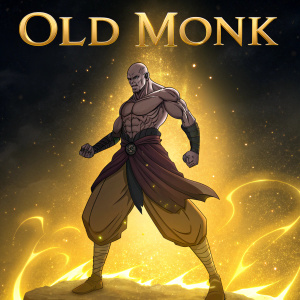 Fantasy illustration of a muscular figure from the 'Old Monk' anime. The character stands in a powerful pose, illuminated by a glowing golden aura against a dark background. The title 'Old Monk' is prominently displayed at the top.