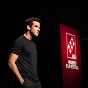 Mario Casas, dressed in a casual black t-shirt, posing confidently at the Madrid Film Festival. Dark stage, with red and white logo backdrop
