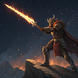 Digital artwork of Surtr, the fire giant of Norse mythology, wielding his flaming sword against a backdrop of a star-filled night sky. Surtr stands as a formidable guardian of Muspelheim, the realm of fire. His presence is crucial in the prophecy of Ragnarok, the end of the world, where he leads the fiery army to battle the gods.
