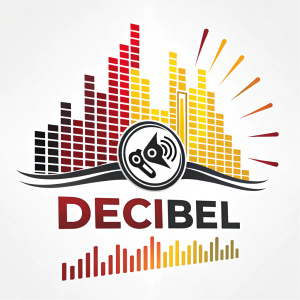 A vibrant Decibel logo featuring a colorful soundwave design with red, yellow, and black hues on a sleek white background, surrounded by bold typography.