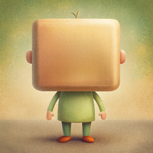 a character with a square head, in the style of a cartoon