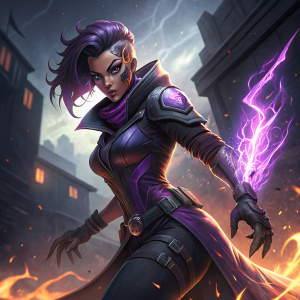 Sombra, Overwatch character, in fierce pose. Dark purple hair and makeup. Embers at her feet. Dark and bright backgrounds intertwine, highlighting her imposing figure.