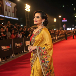 Simone Singh, Indian actress, at the Filmfare Awards. She is dressed in a stunning golden sari with vibrant embroidery. The red carpet and crowd in the background create a lively atmosphere.