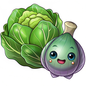 Imagen para colorear de una lechuga y una col, estilo kawaii sin tonos de grises