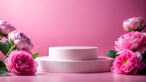 Creative composition for product advertising. Empty round podium platform stand for beauty product presentation and beautiful peonies flowers around on pink background. Front view