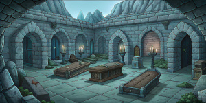 close-up fantasy underground crypt game poster, stone room, coffins