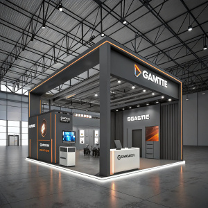 Modern booth design for Gigabyte. Located in a large exhibition space with high, structured ceilings and industrial lighting.