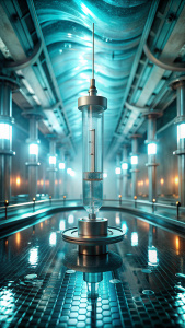 syringe sci fi, futurist, cyberpunk, in laboratory, with blue water