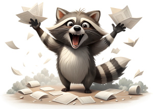 In this image, you can see a joyful raccoon sitting in a pile of scattered papers. He looks happy and open-mouthed, expressing joy or delight. The raccoon is holding the papers in his hand, perhaps looking at them or holding them out to the camera. This scene gives the impression that the raccoon is engaged in something fun or interesting, perhaps having fun looking at or playing with the papers.