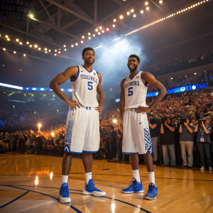 Dakari Johnson and Andrew Harrison standing on a basketball court. Surrounded by cheering fans and reporters.