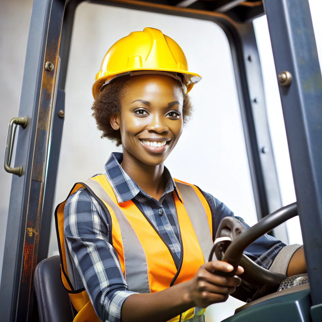 Black women labor worker at forklift driver white background - Recraft