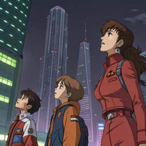 Misato Katsuragi, a mature woman with brown hair, stands alongside two younger characters in a futuristic cityscape. The scene is set during an action sequence from Neon Genesis Evangelion.