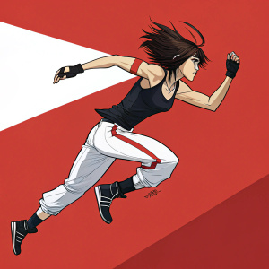 Digital illustration of a female protagonist from Mirror's Edge Exordium. She is mid-jump, hair flowing, intense gaze. Wearing black tank top and white accented athletic pants. Set against a bold red background with white edge, capturing a dynamic comic book aesthetic.
