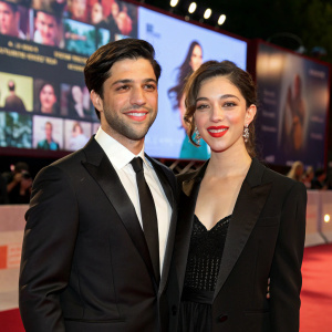 Josh Peck and Olivia Thirlby at a film festival. They are dressed in formal wear, with a large screen showing movie clips behind them.
