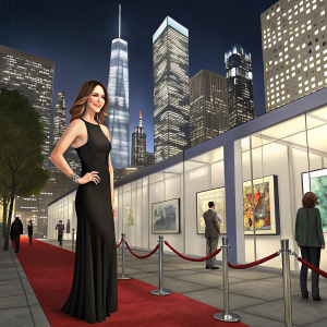 Katharine McPhee, wearing a sleek black dress, poses at a modern art gallery opening. The background is a bright cityscape at night.