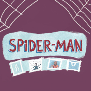 Minimalist logo featuring 'Spider-Man' and comic page visuals. Clean, sans-serif font. White background