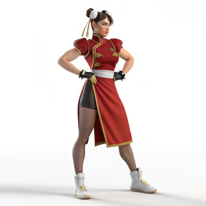 A detailed 3D model of Chun Li, Street Fighter character. She stands confidently, showcasing her iconic outfit and two buns. The background is a minimalist white studio setting.