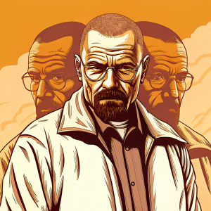 Pencil drawing of Walter White from Breaking Bad. Detailed facial expression and clothing, fragmented faces, emotions, relationships, traditional art technique