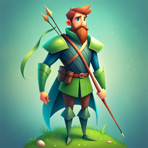 full body 25 year old strong, tall, handsome, angry knight similar to Robin Hood, with a ducktail beard, with a knight's belt and a sword on his right hand, a bow and arrow quiver on his back; and using Anna Lang's illustration drawing style.