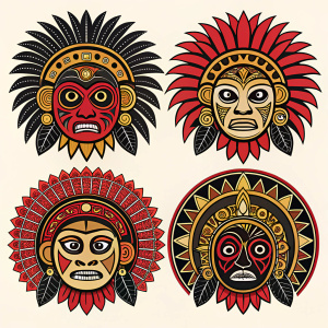 Graphics inspired by ancient Mesoamerican art. Each design showcases a deity or creature with a central face, sharp nose, almond-shaped eyes, and angular features. Decorated with patterns resembling feathers or scales. Bold colors like red, black, and gold. Flat, symmetrical compositions with no depth.