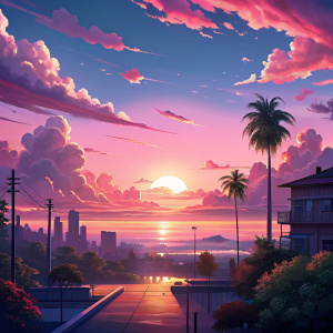 
Pink sunset in anime style