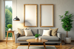 Frame mockup, ISO A paper size. Living room wall poster mockup. Interior mockup with house background. Modern interior design