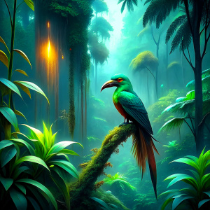 paradise bird in foggy Rainforest