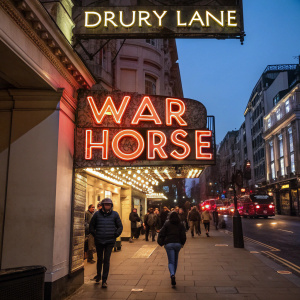 War Horse sign outside the modern theater in Drury Lane. Neon lights and busy cityscape background.