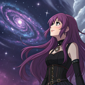 Digital illustration of Hibahri, a youthful anime-inspired female character with long, vibrant purple hair, detailed black outfit with a corset-like bodice. She's in a fantastical space scene with swirling nebulae and distant galaxies.